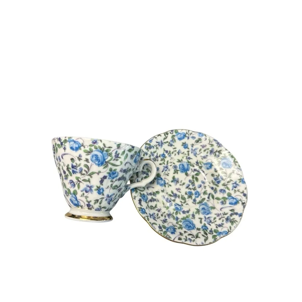 Vintage Lefton China Blue Chintz Floral Teacup & Saucer Set Gold Trim
